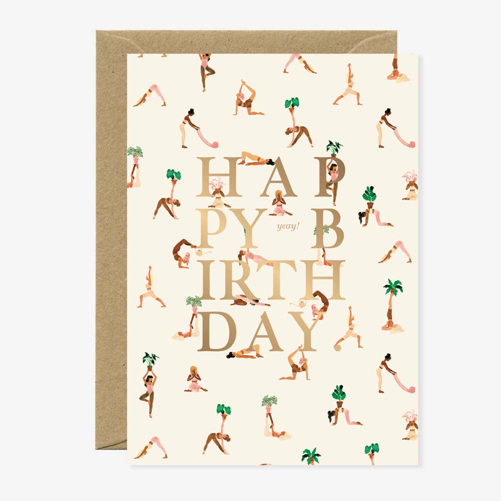 “Carte de vœux Happy Birthday avec design yoga, message joyeux et inspirant, imprimée en France, All The Ways To Say.”