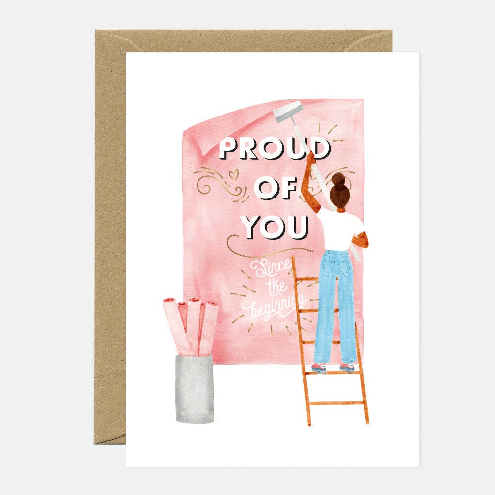 “Carte de vœux ‘Proud of you’ pour féliciter un accomplissement, imprimée sur papier naturel 300 g, enveloppe A6 marron recyclée.”