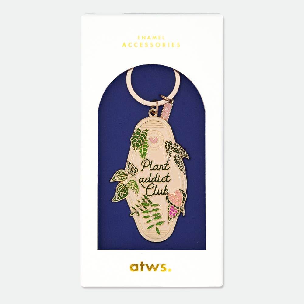 “Porte-clés ‘Plant Addict Club’ en émail doré, design végétal, accessoire pour les passionnés de plantes, All The Ways To Say.”
