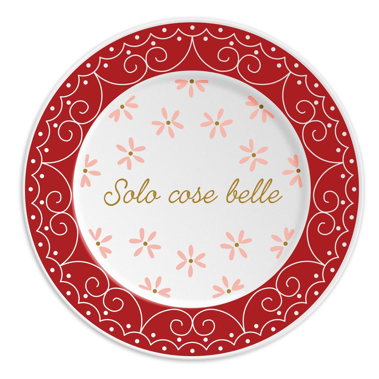 “Assiette en porcelaine de 21 cm avec inscription ‘Solo Cose Belle’, décor inspiré de la dentelle et des décorations festives, idéale pour un mariage, Ilaria.i.”