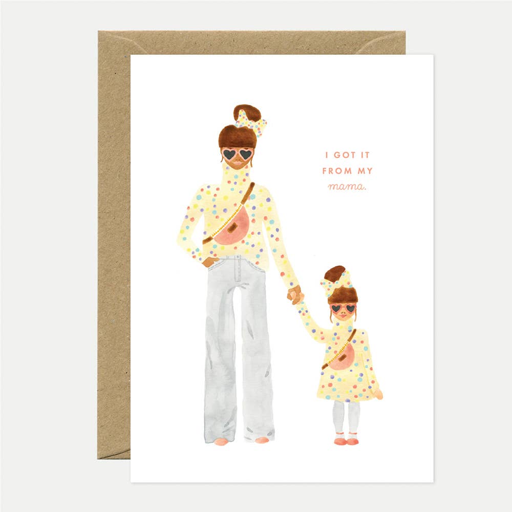 “Carte de vœux ‘I got it from my mama’ avec message humoristique et câlin, imprimée en France sur papier naturel 300 g.”