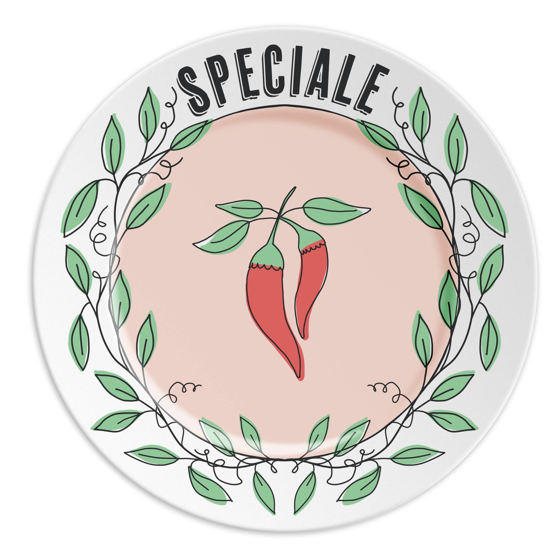 “Assiette en porcelaine de 16 cm avec dessin de piment rouge et inscription SPÉCIAL, design original et décor naturel, Ilaria.i.”