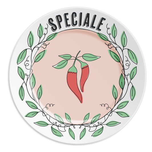 “Assiette en porcelaine de 16 cm avec dessin de piment rouge et inscription SPÉCIAL, design original et décor naturel, Ilaria.i.”