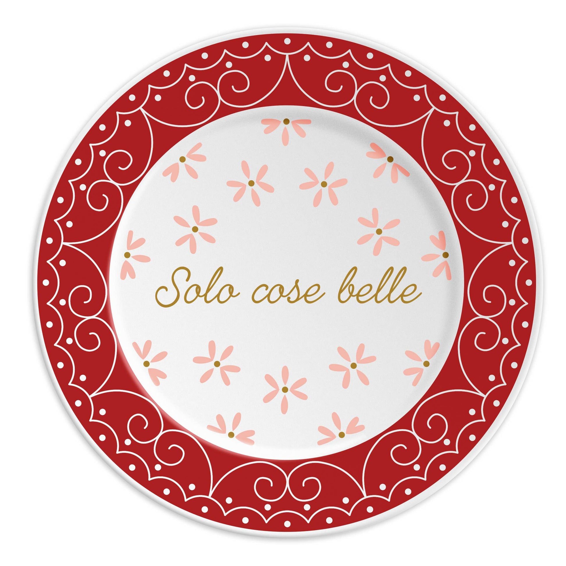 “Assiette en porcelaine de 21 cm avec inscription ‘Solo Cose Belle’, décor inspiré de la dentelle et des décorations festives, idéale pour un mariage, Ilaria.i.”