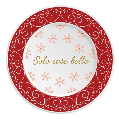 “Assiette en porcelaine de 21 cm avec inscription ‘Solo Cose Belle’, décor inspiré de la dentelle et des décorations festives, idéale pour un mariage, Ilaria.i.”
