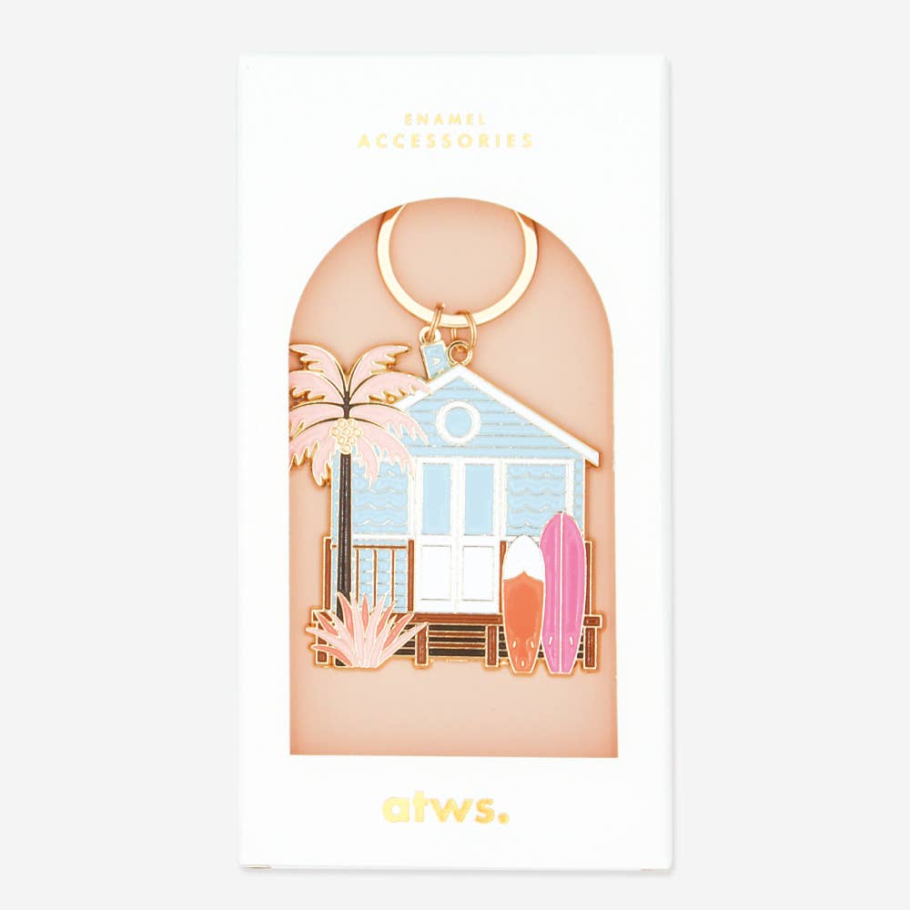 “Porte-clés Maison de plage en émail doré, design côtier et marin, souvenir charmant de la plage, All The Ways To Say.”