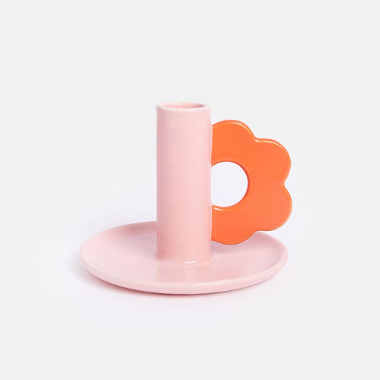 “Bougeoir en grès émaillé peint à la main, fleurs roses et rouges éclatantes, design unique avec poignée en forme de fleur, Caroline Gardner.”